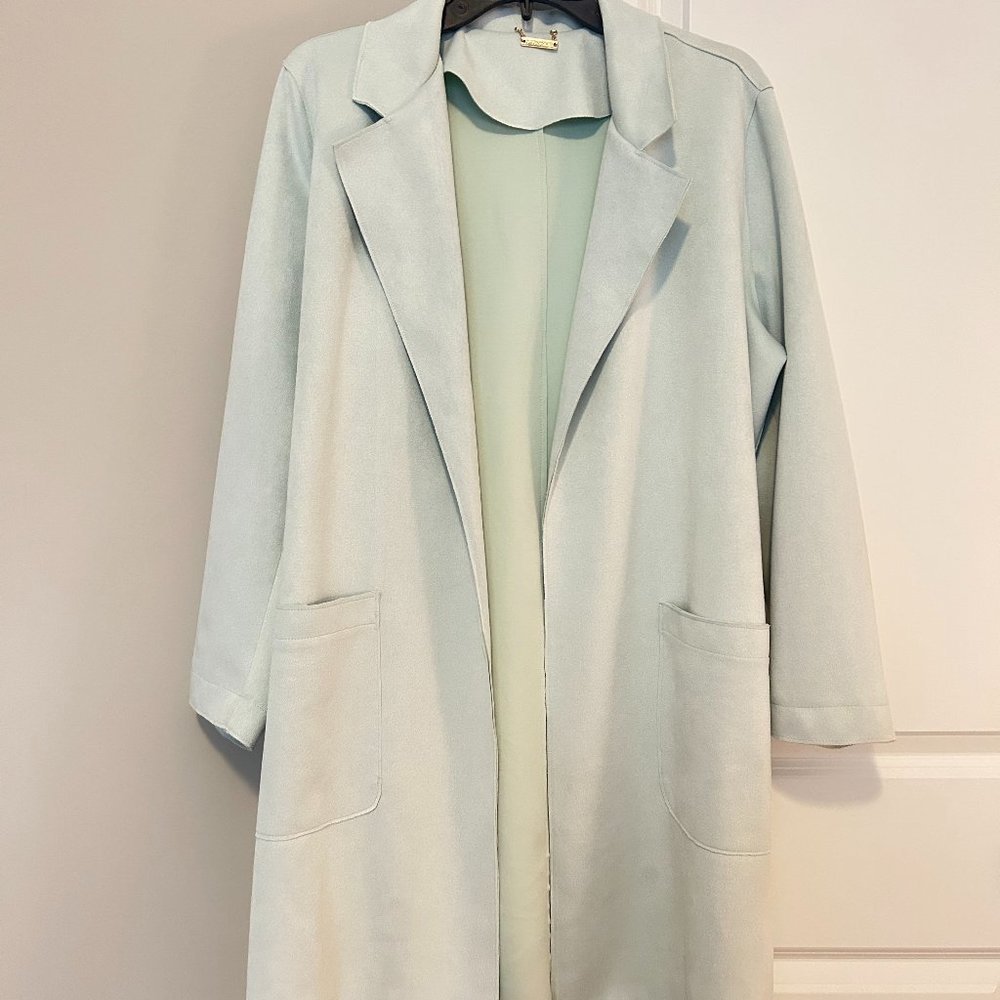 T Tahari Mint Green Faux Suede Belted Trench Coat Jacket